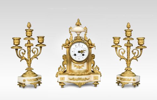 French White Marble Clock with Garnitures by H & F Paris