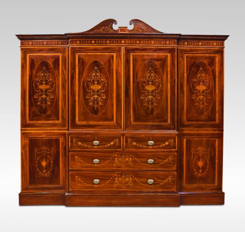 Sheraton Revival Mahogany Inlaid Breakfront Wardrobe
