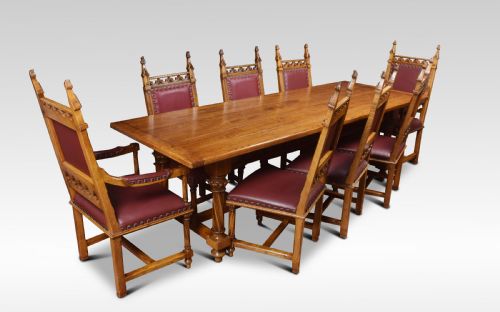 Gothic Design Oak Refectory Table and Eight Chairs