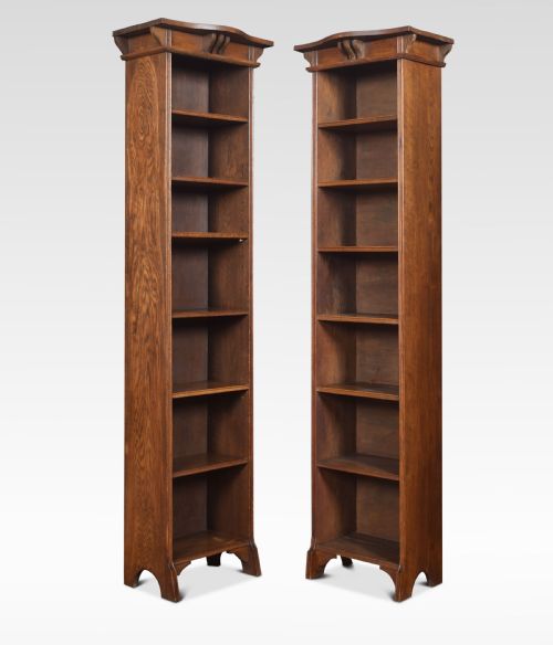 Pair of Arts and Crafts Oak Narrow Open Bookcases