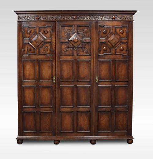 Jacobean Style Carved Oak Three Door Wardrobe