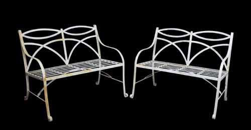 Pair of Regency Style White Painted Metal Garden Benches