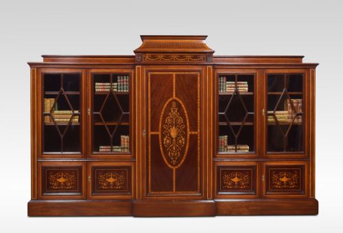 Sheraton Revival Mahogany Inlaid Breakfront Bookcase