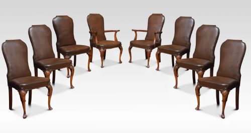 Set of Eight High Back Brown Leather Upholstered Dining Chairs