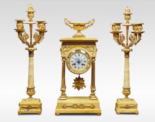 19th Century French Gilt Brass and Siena Marble Three-piece Clock Set