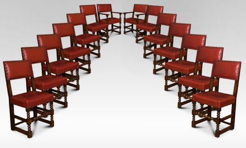 Set of Fourteen Leather Uppolstered Substantial Oak Dining Chairs