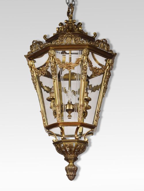 Large Brass Octagonal Cut Glass Four Light Lantern