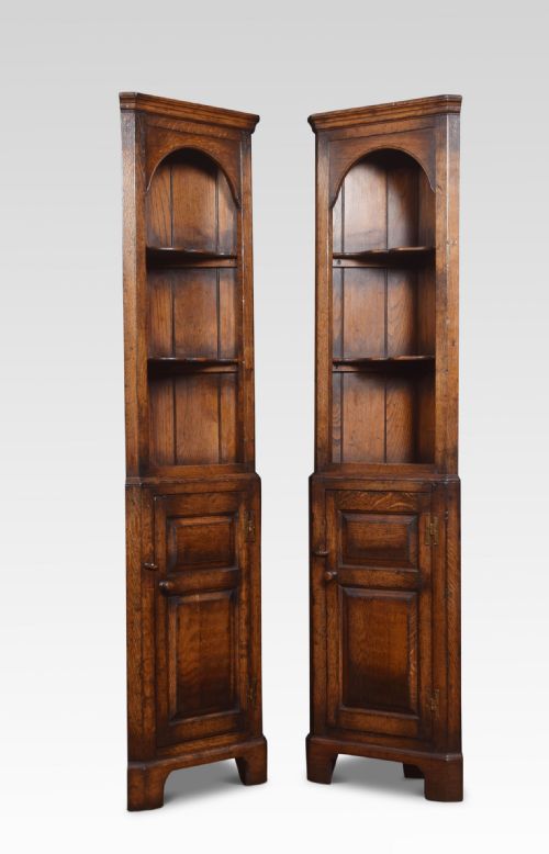 Pair of Narrow Oak Floor Standing Corner Cupboards