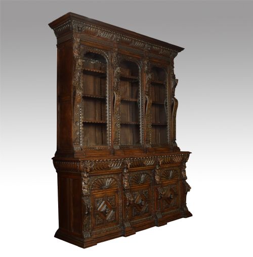 Large Carved Oak Three Door Bookcase