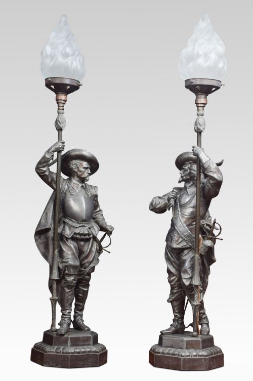 Pair of French Renaissance Soldiers Holding a Lamps