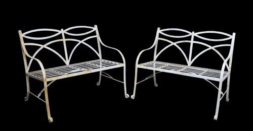Pair of Regency Style White Painted Metal Garden Benches