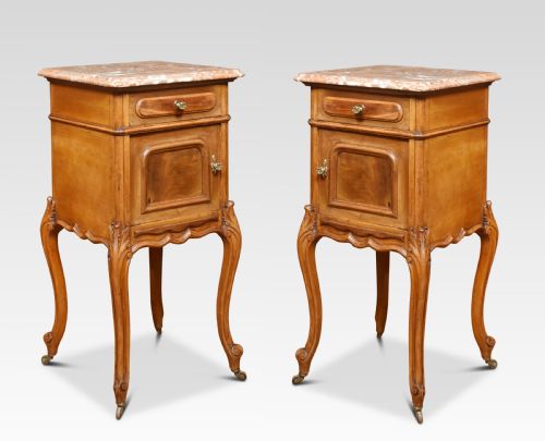 Pair of Walnut Marble Top Bedside Cabinets