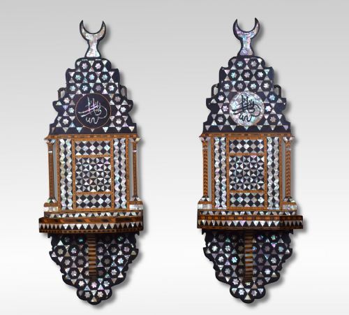 Near Pair of Moorish Hardwood Mother of Pearl Bone Inlaid Wall Bracket