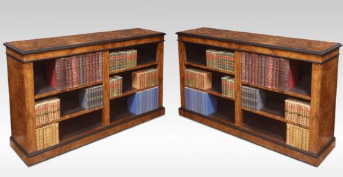 Pair of Large Figured Walnut Dwarf Open Bookcases