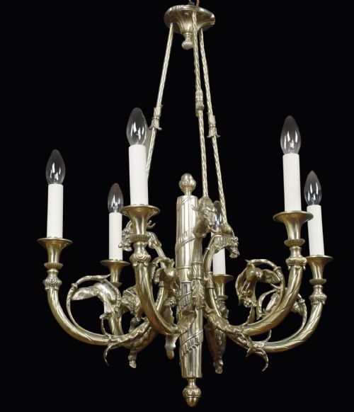 French Brass Six Branch Chandelier