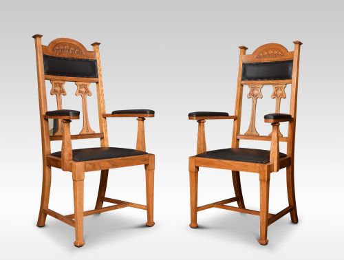 Pair of Art Nouveau Oak High Back Armchairs