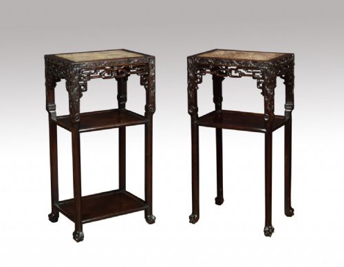 PAIR OF CHINESE ROSEWOOD AND MARBLE TABLES