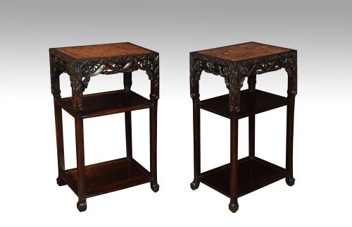 Pair of Chinese Rosewood and Marble Urn Stands