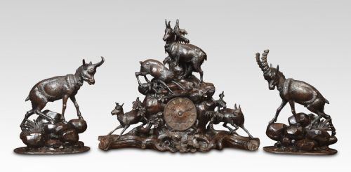 MONUMENTAL 19TH CENTURY BLACK FOREST MANTEL CLOCK SET - ADDITIONAL PHOTO 1