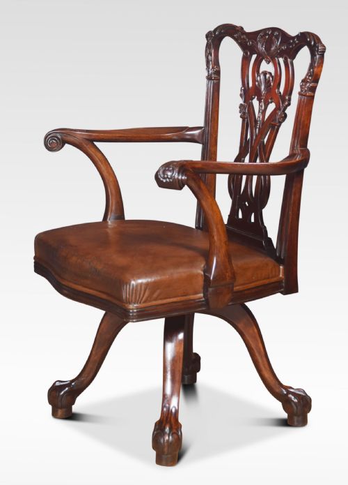 chippendale mahogany revolving desk chair - CATEGORY: ANTIQUE CHAIRS - DATED 19TH CENTURY