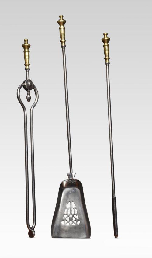 polished steel and brass fire tools - CATEGORY: ANTIQUE FIREPLACES - DATED 19TH CENTURY