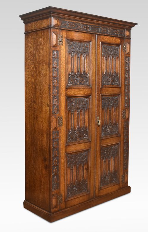 gothic revival oak wardrobe - CATEGORY: ANTIQUE WARDROBES - DATED 1910