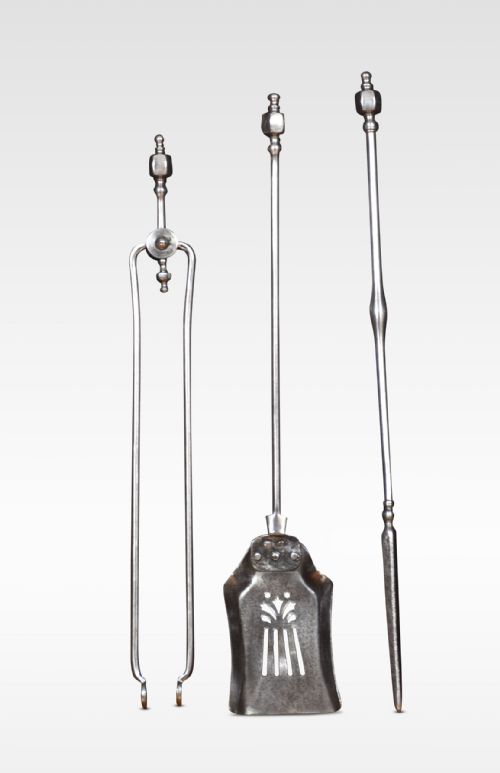 polished steel triple companion fire tools - CATEGORY: ANTIQUE FIREPLACES - DATED REGENCY