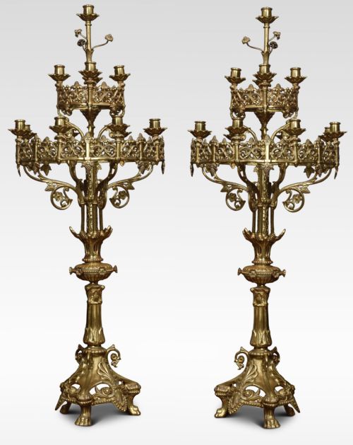 pair of large 19th century gothic revival brass candelabra - CATEGORY: ANTIQUE LIGHTING - DATED 19TH CENTURY