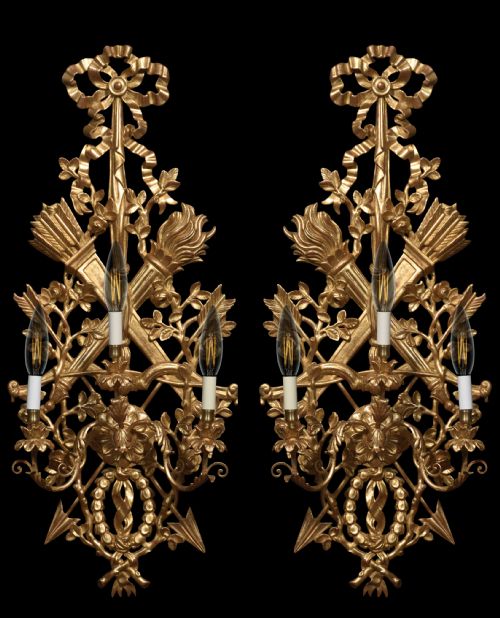 PAIR OF GILTWOOD THREE LIGHT WALL APPLIQUS