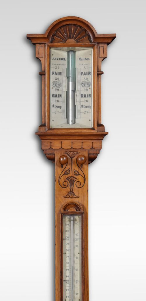 OAK CASED STICK BAROMETER BY J HUGHES LONDON - ADDITIONAL PHOTO 2
