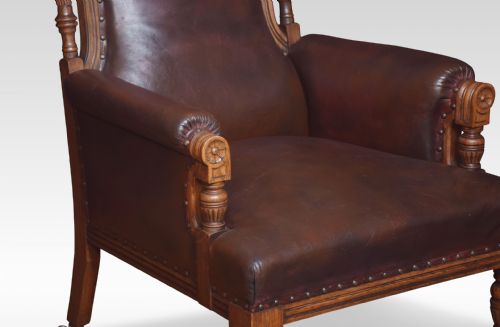 PAIR OF OAK LEATHER UPHOLSTERED LIBRARY ARMCHAIRS - ADDITIONAL PHOTO 2