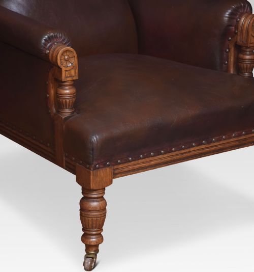 PAIR OF OAK LEATHER UPHOLSTERED LIBRARY ARMCHAIRS - ADDITIONAL PHOTO 3