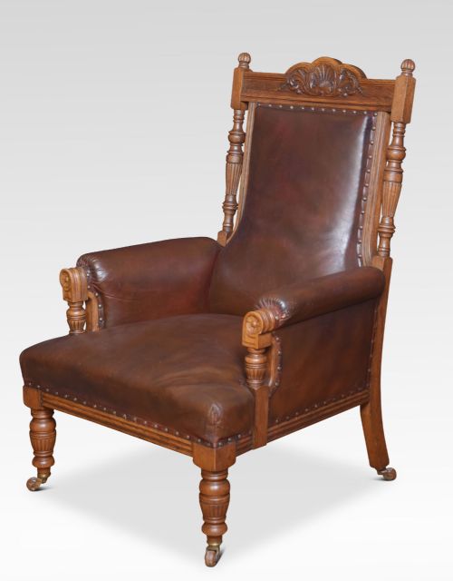 PAIR OF OAK LEATHER UPHOLSTERED LIBRARY ARMCHAIRS - ADDITIONAL PHOTO 4