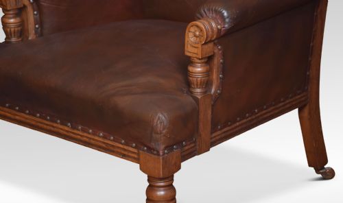 PAIR OF OAK LEATHER UPHOLSTERED LIBRARY ARMCHAIRS - ADDITIONAL PHOTO 6