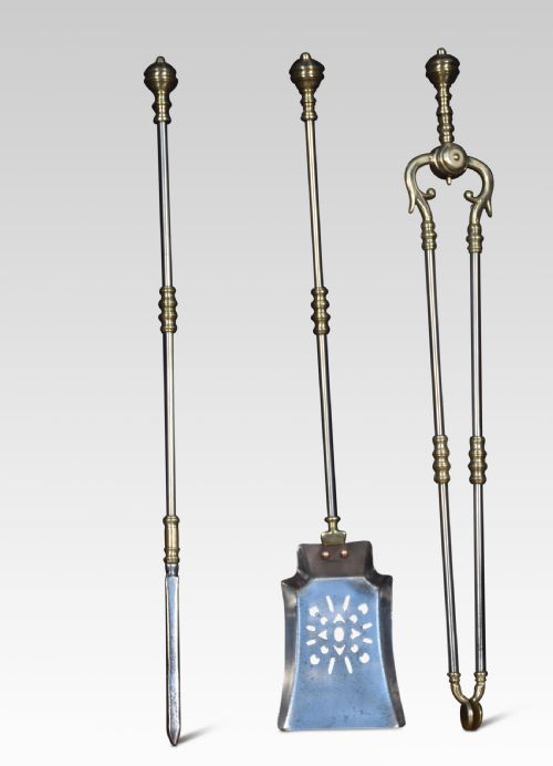polished steel and brass triple companion fire tool set - CATEGORY: ANTIQUE FIREPLACES - DATED REGENCY