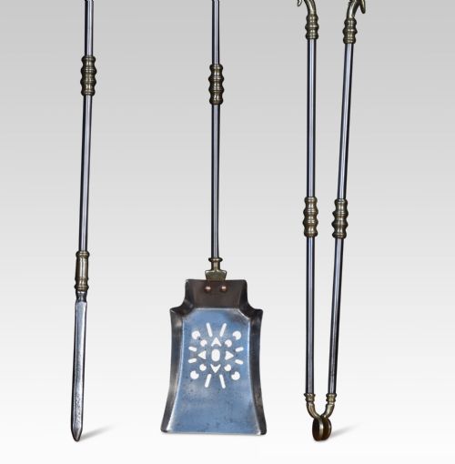POLISHED STEEL AND BRASS TRIPLE COMPANION FIRE TOOL SET - ADDITIONAL PHOTO 1