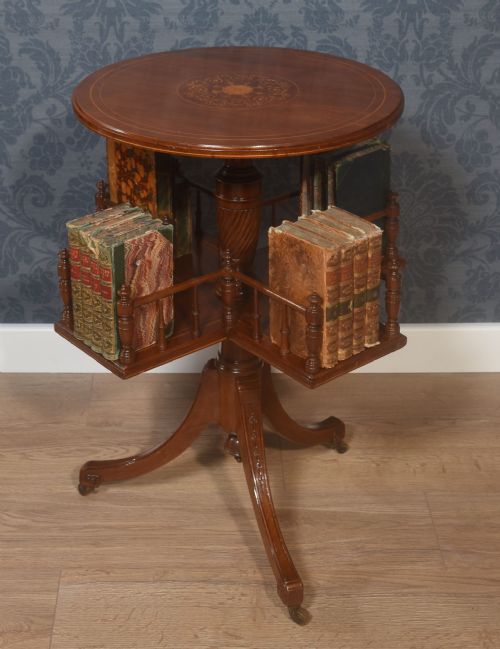 mahogany inlaid revolving book table - CATEGORY: ANTIQUE BOOKCASES - DATED 1900