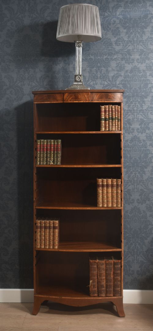 tall mahogany inlaid open bookcase - CATEGORY: ANTIQUE BOOKCASES - DATED 1910