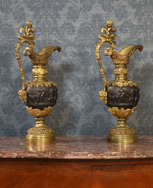 PAIR OF RENAISSANCE STYLE FRENCH PATINATED BRONZE EWERS - ADDITIONAL PHOTO 1