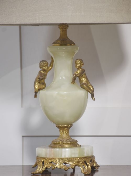 PAIR OF METAL MOUNTED ONYX TABLE LAMPS - ADDITIONAL PHOTO 1