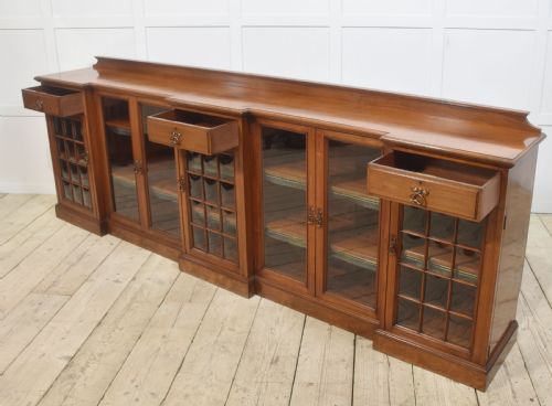 LARGE WALNUT BREAKFRONT LOW BOOKCASE - ADDITIONAL PHOTO 14