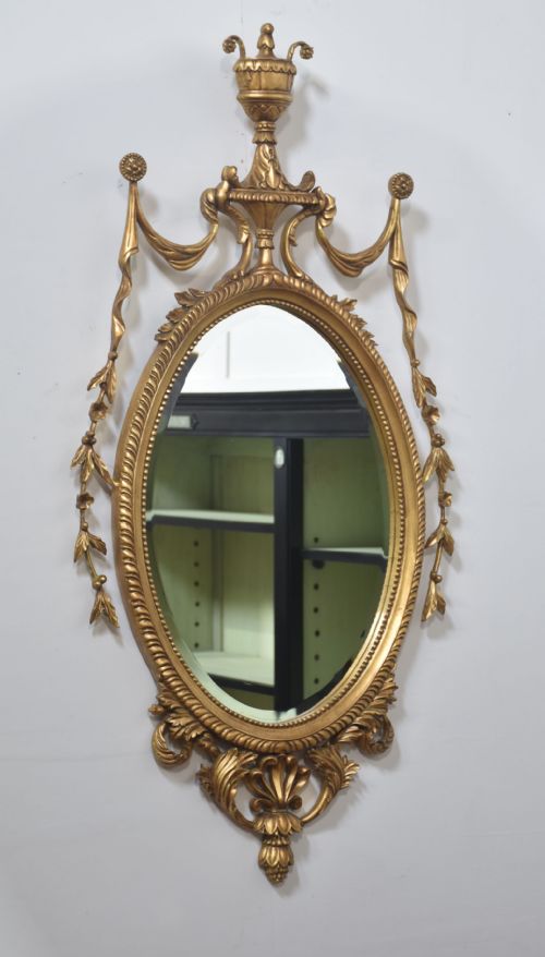 PAIR OF ADAM STYLE CARVED GILTWOOD OVAL WALL MIRRORS - ADDITIONAL PHOTO 3