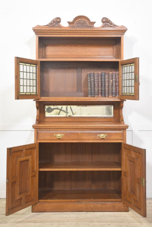 OAK CABINET WITH LEADED GLASS DOORS - ADDITIONAL PHOTO 4