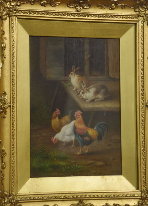 PAIR OF OIL ON BOARD FARMYARD SCENES IN THE STYLE OF EDGAR HUNT - ADDITIONAL PHOTO 3