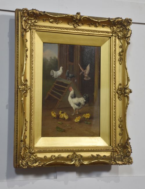 PAIR OF OIL ON BOARD FARMYARD SCENES IN THE STYLE OF EDGAR HUNT - ADDITIONAL PHOTO 4