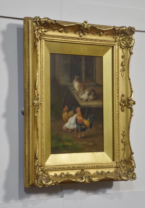 PAIR OF OIL ON BOARD FARMYARD SCENES IN THE STYLE OF EDGAR HUNT - ADDITIONAL PHOTO 6