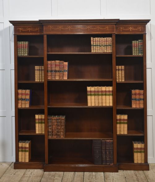 inlaid mahogany breakfront open bookcase - CATEGORY: ANTIQUE BOOKCASES - DATED 1910