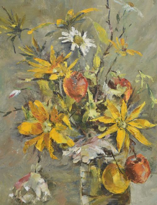OIL ON CANVAS STILL LIFE WITH YELLOW FLOWERS AND FRUIT - ADDITIONAL PHOTO 1