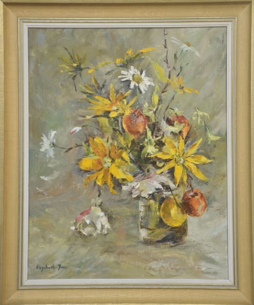OIL ON CANVAS STILL LIFE WITH YELLOW FLOWERS AND FRUIT - ADDITIONAL PHOTO 3