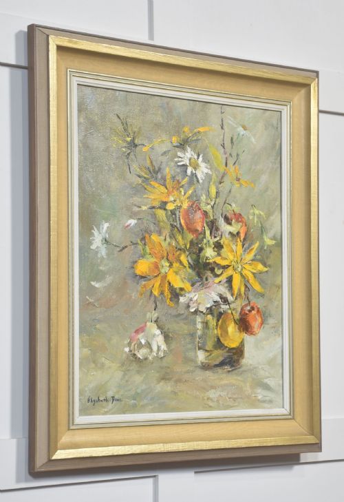 OIL ON CANVAS STILL LIFE WITH YELLOW FLOWERS AND FRUIT - ADDITIONAL PHOTO 4